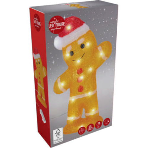 Gingerbreadman LED-figuur in doos met rode-witte muts, gele acryl, glimlach