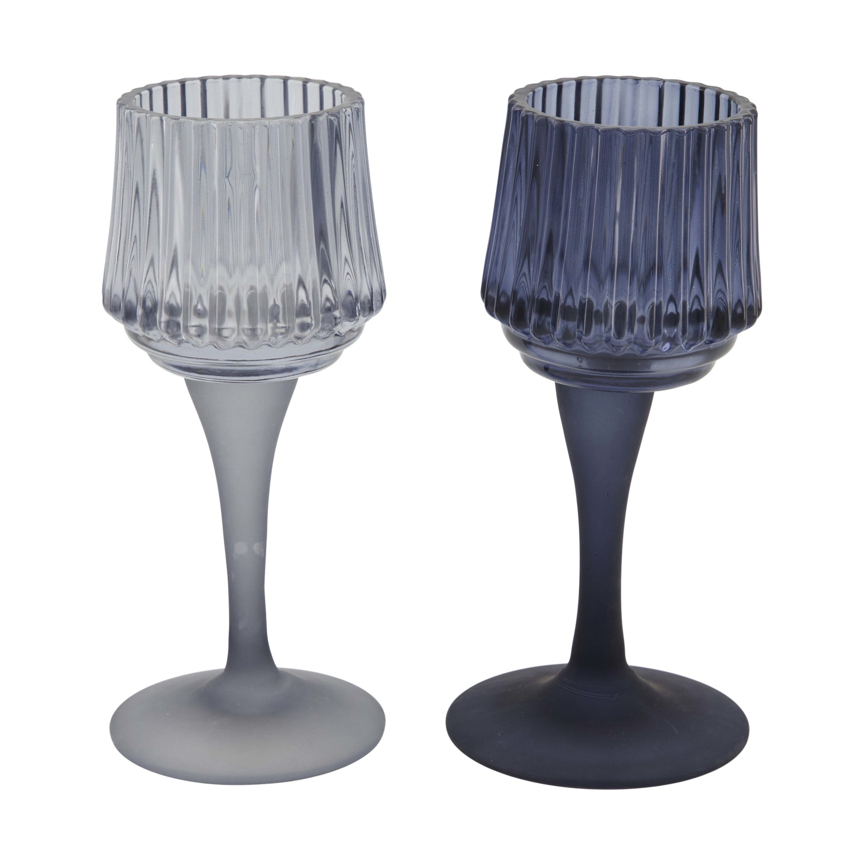 Theelichthouder van glas op voet, lichtgrijs en donkerblauw, set van 2