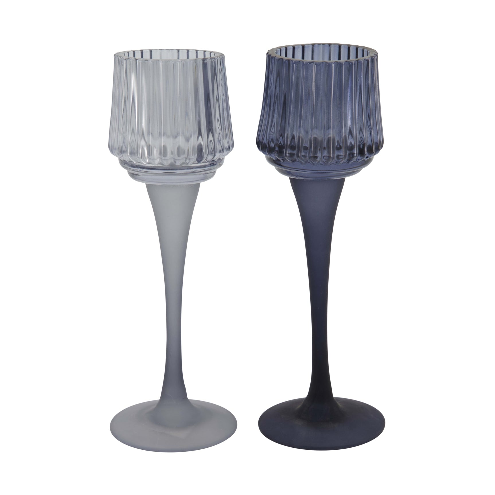 Glazen theelichthouder set van 2 met geribbeld glas: grijs en donkerblauw