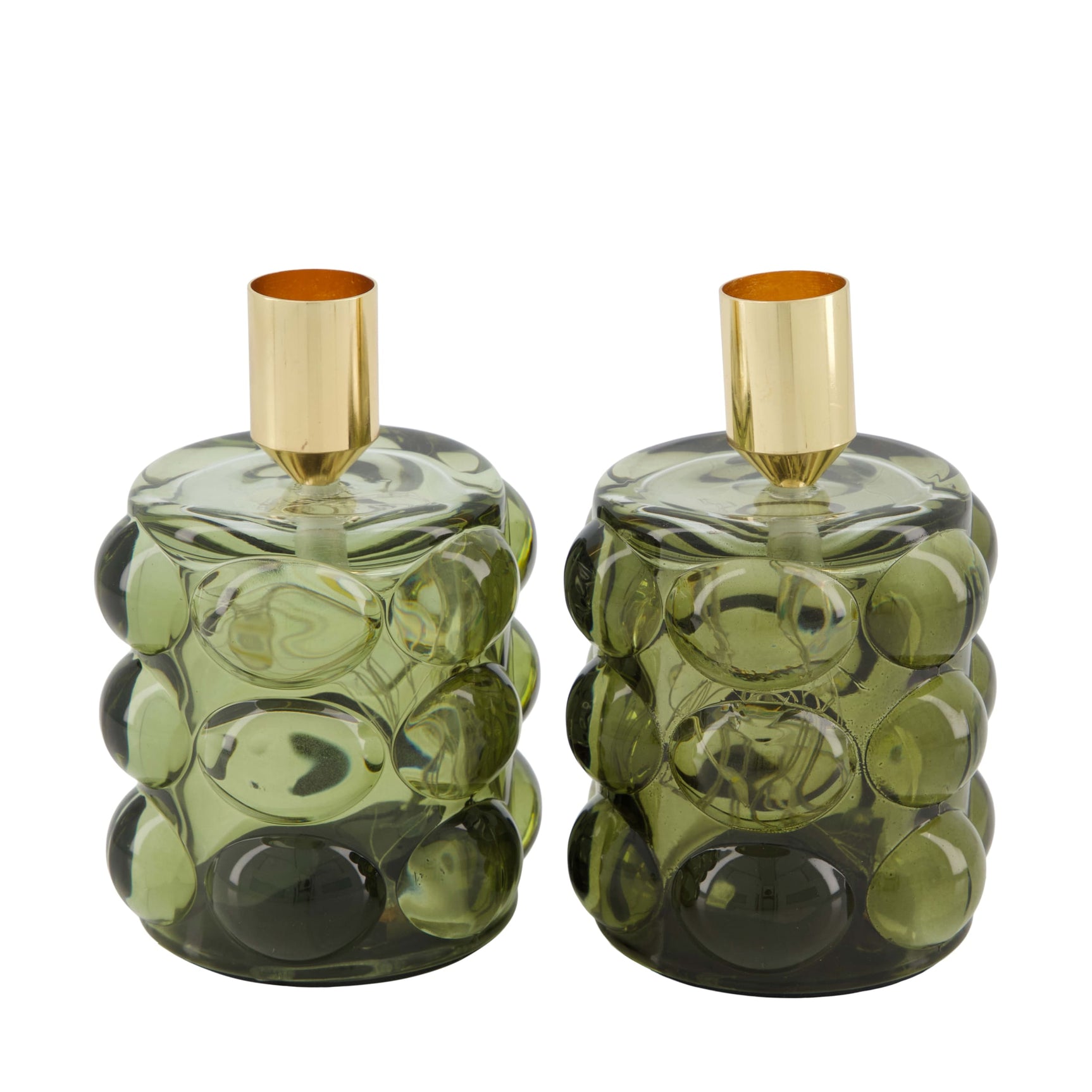 LED-kaarsenhouder van groen glas met gouden bovenstuk, set van 2
