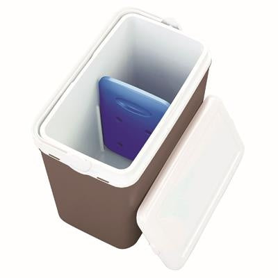 Blauw koelelement in bruine koelbox met wit deksel