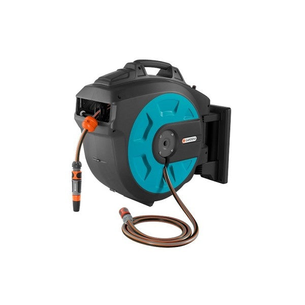 Gardena wand-slangenbox met oprolmechanisme, grijs/turkoois, tuinslang en koppelingen.