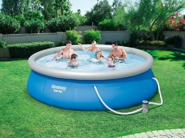 Bestway Fast Set rond opzetzwembad in tuin, blauw met witte bovenrand