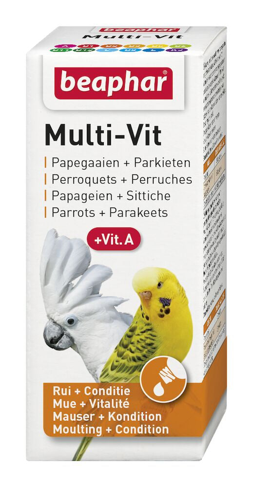 Beaphar Multi-Vit multivitaminen voor papegaaien en parkieten, verpakking met vogels