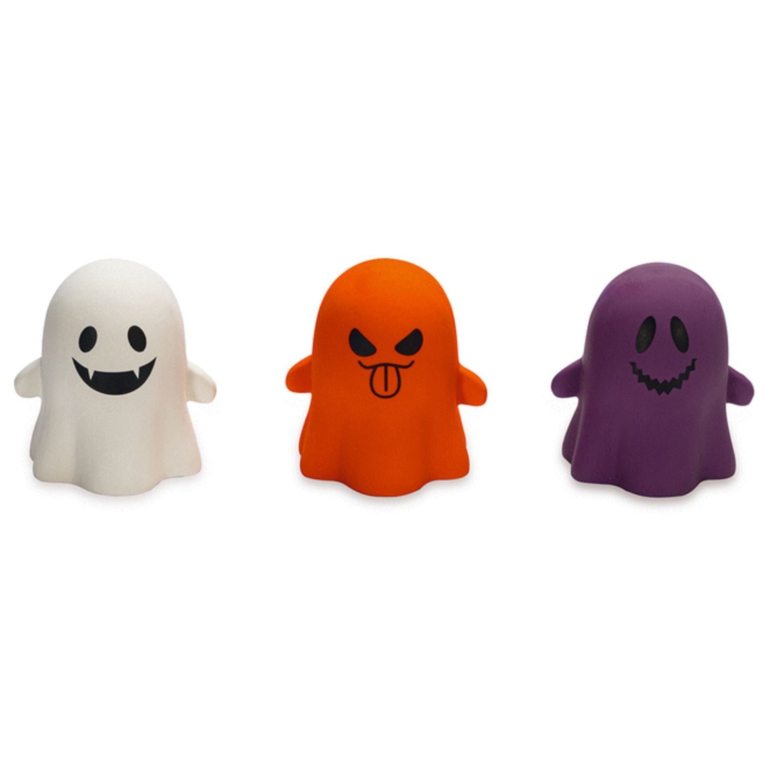 Piepspeeltje spookje, pluche spookfiguur in wit, oranje en paars met gezicht