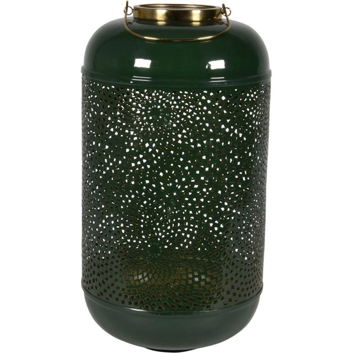 Groen windlicht met geperforeerd glas en gouden draagbeugel, ø28x48 cm