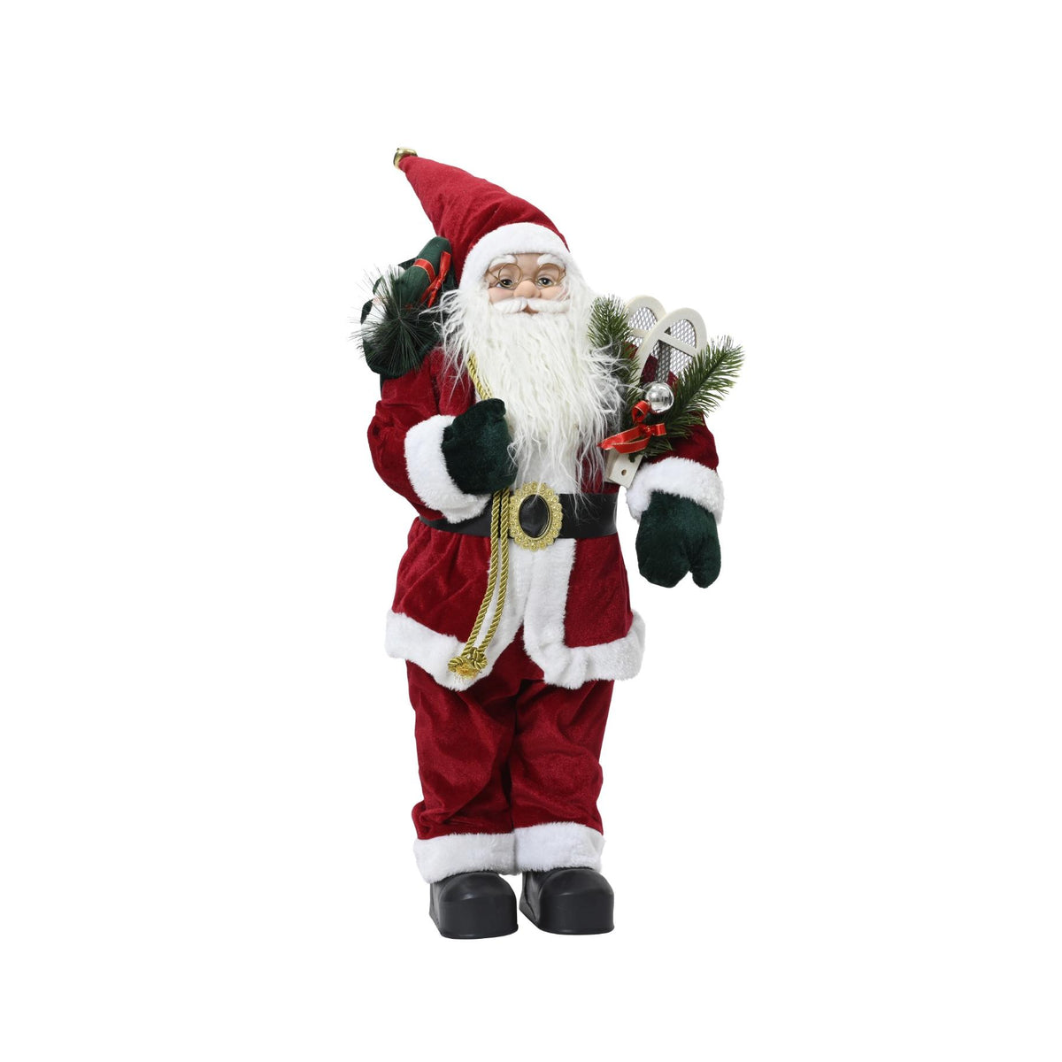 Kerstmanfiguur van polyester, 60 cm, rode jas met witte rand en groene krans in hand