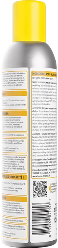Vlooienspray HOME DEFENSE®: achterzijde grijze sprayfles met gele dop en barcode