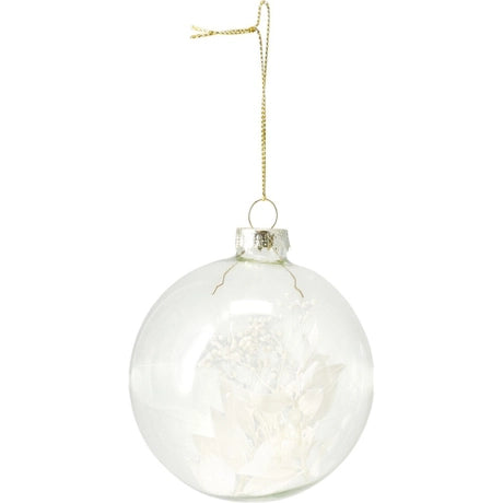 Decoratieve kerstbal van helder glas met wit reliëfpatroon en gouden ophanglus.