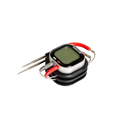 Digitale barbecuethermometer met app, zwart scherm met rode kabels en twee metalen probes