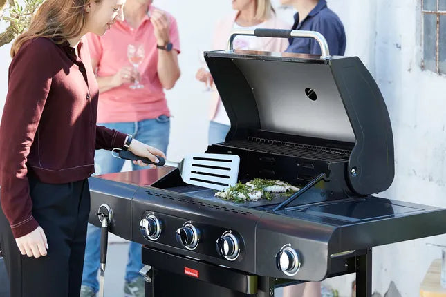 Barbecook Siesta 310 grafieten barbecue met open deksel en kookzone met rooster
