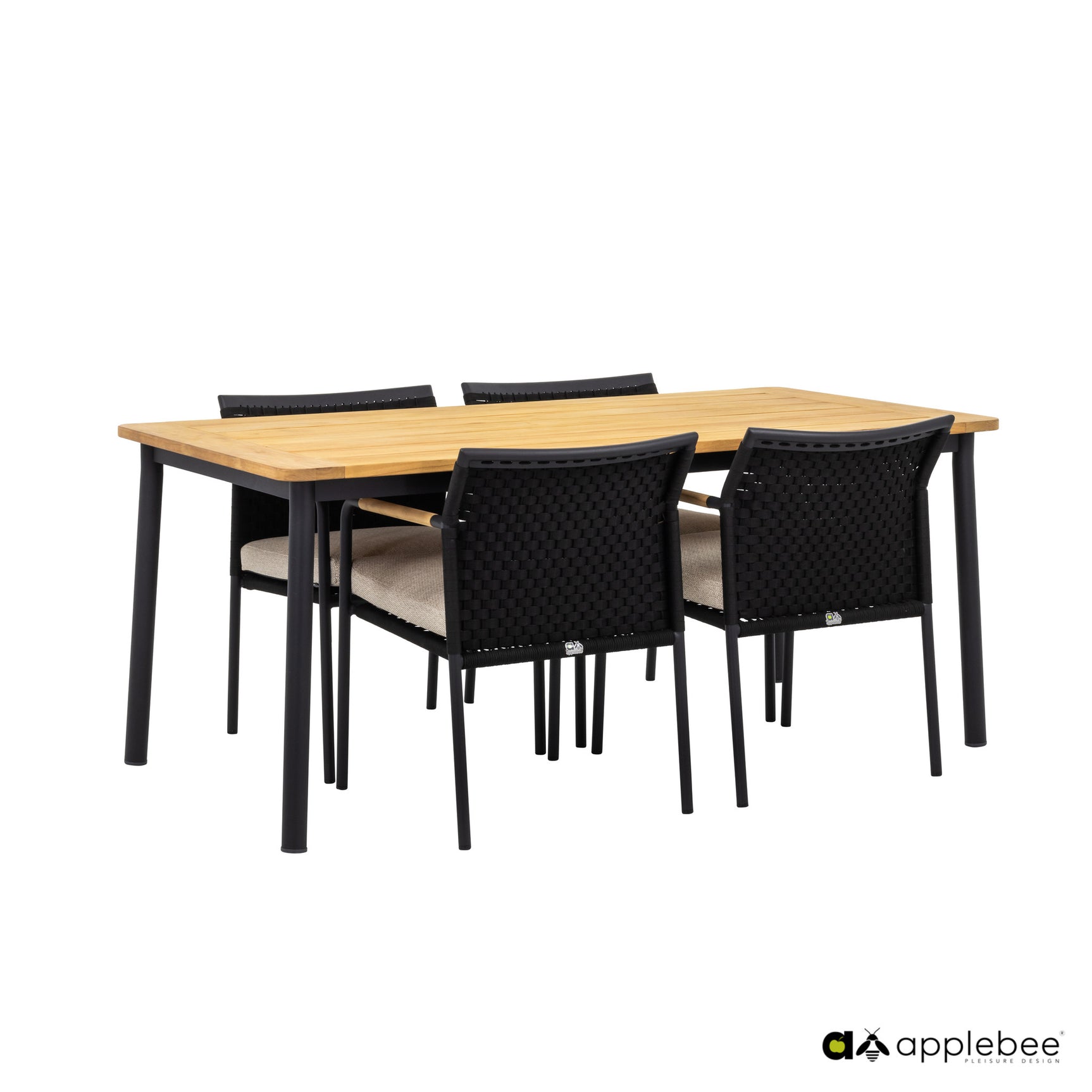 Apple Bee eettafel met houten blad en 4 zwarte diningstoelen eromheen