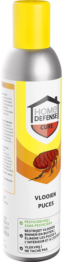 Vlooienspray HOME DEFENSE®: grijze fles met gele dop, gebruikstekst en waarschuwingen