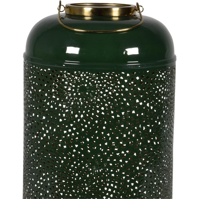 Groen windlicht met geperforeerd glas en gouden rand en hengsels