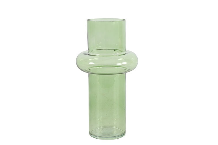 Groene glazen vaas met brede hals en ronde voet
