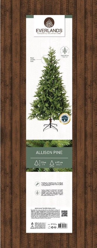 Verpakking van kunstkerstboom met afbeelding van groene boom en specificaties