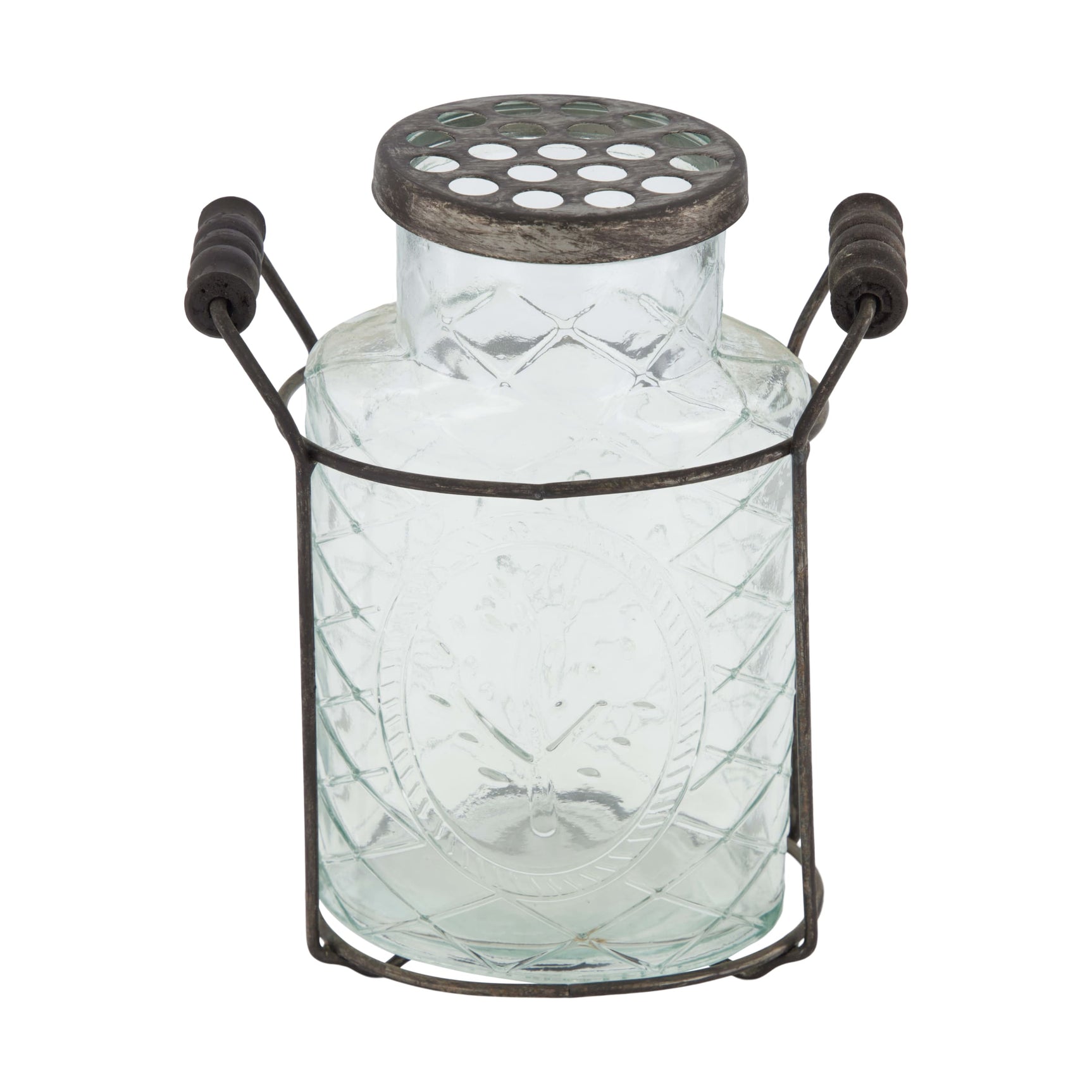 Glazen vaas met metalen mand en deksel, cilindrisch met glazen wand