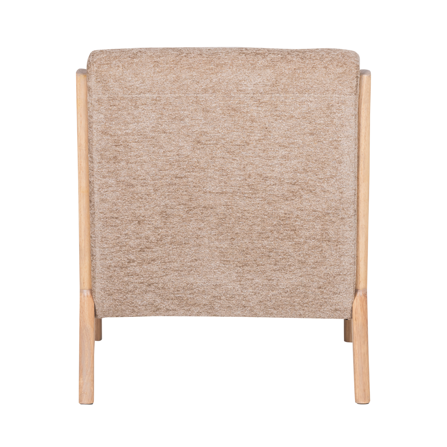 Achteraanzicht: zandkleurige chenille fauteuil met houten poten.