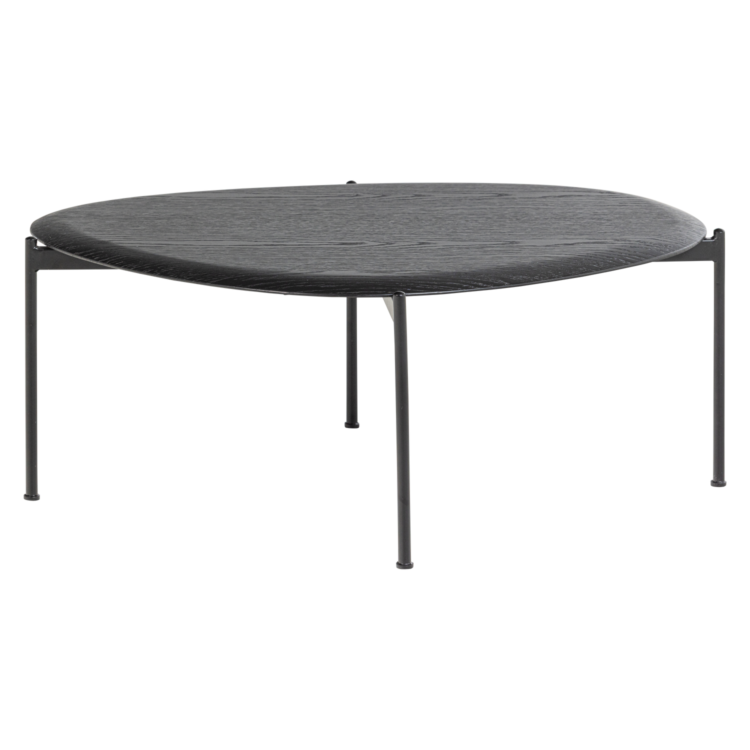 Zwarte ovale salontafel met rond blad en taps toelopende metalen poten