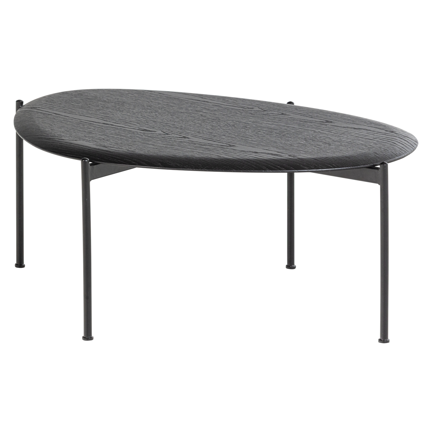 Zwarte ovale salontafel met afgeronde rand en vier metalen poten