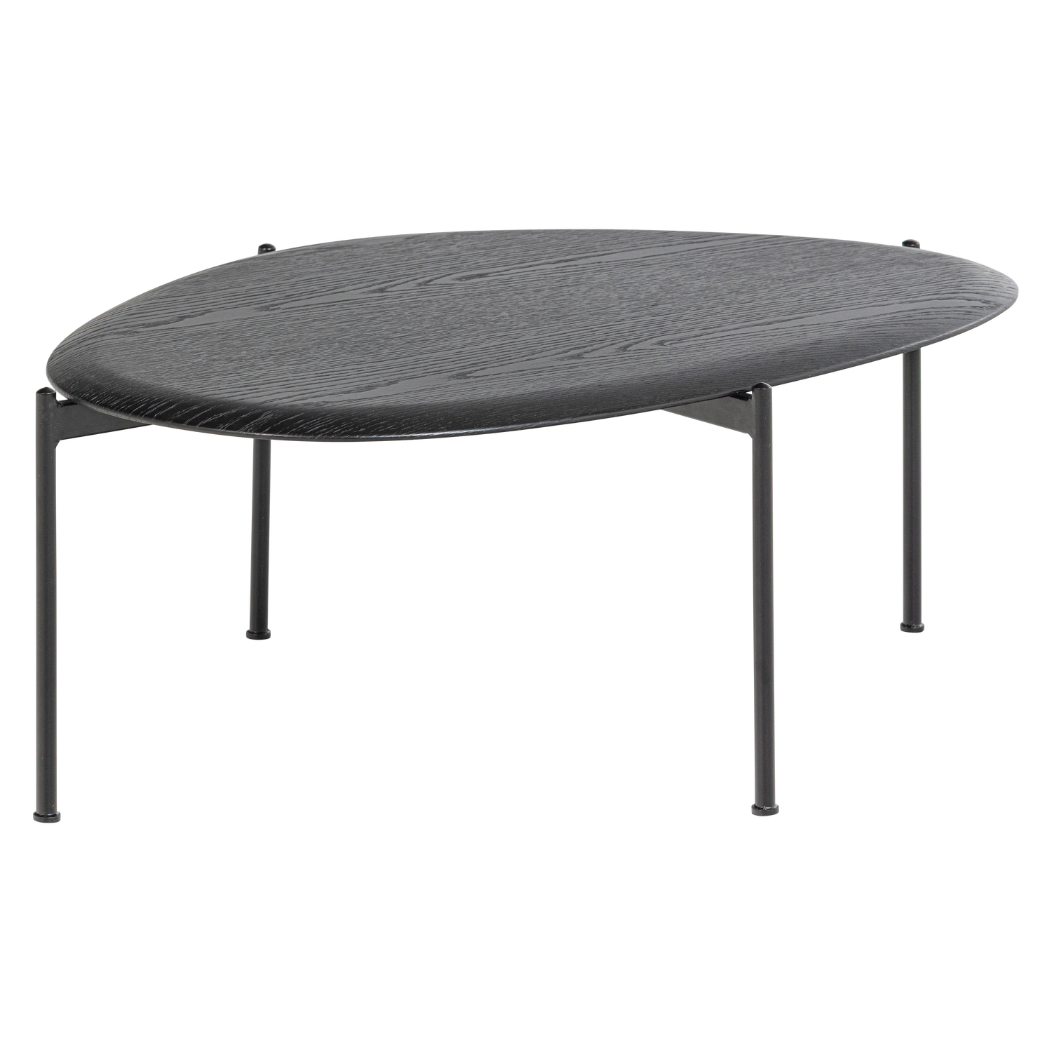 Zwarte ovale salontafel met rond blad en vier slanke metalen poten