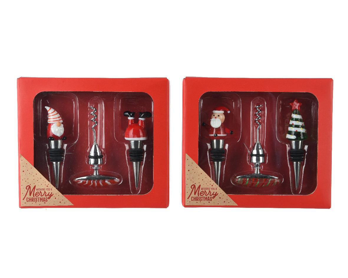 Verpakte set RVS flesopeners met kerstboom- en kerstmanfiguur