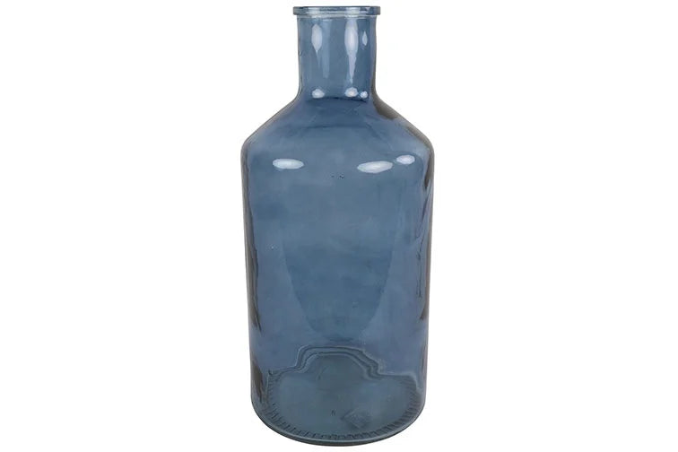 Blauwe glazen fles met smalle hals en glazen stop