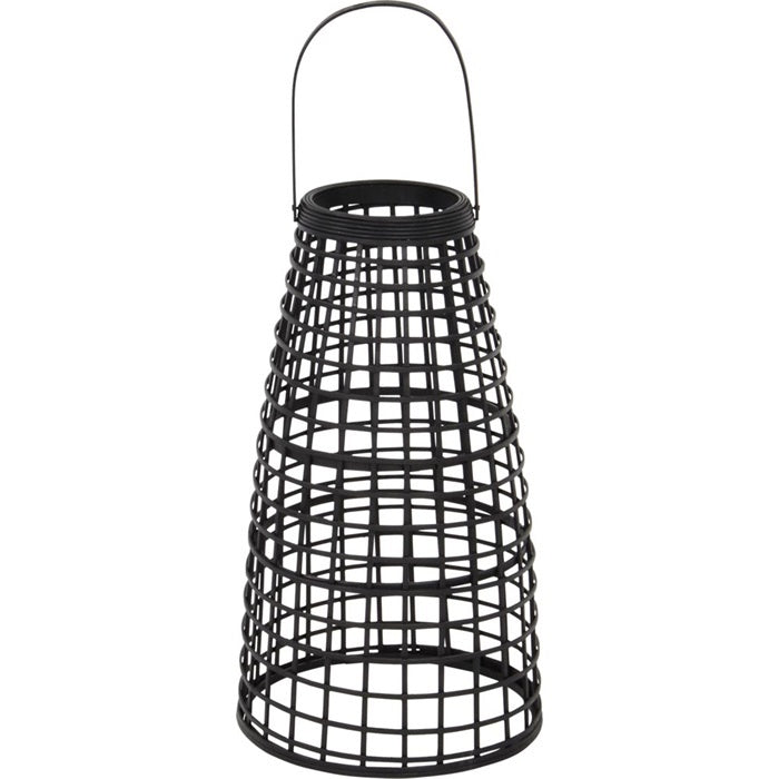 Zwarte LED-lantaarn met open draadkooi en ronde onderrand