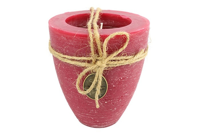 Rode kaarsbeker Tonnie L met lont en strik van touw
