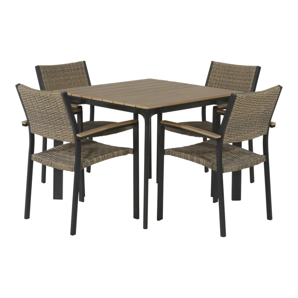 Tafelset met vier stoelen, beige zitting en rug en houten lattenblad op zwart frame