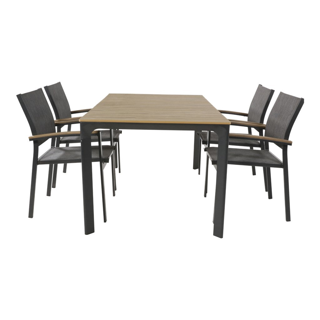 Eethoekset met rechthoekige tafel en zes grijze stoelen met donker houten poten