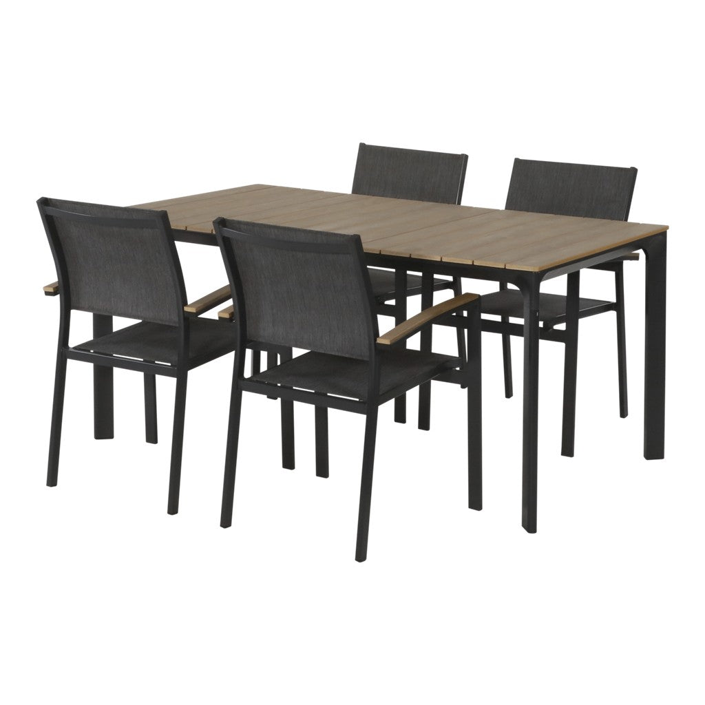 Eettafel met houtlook blad en zwarte poten, met vier stoelen in antraciet