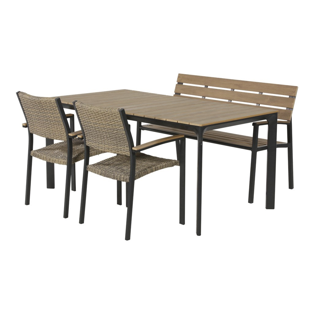 Eethoekset met tafel en beige stoelen met donker frame en houten blad