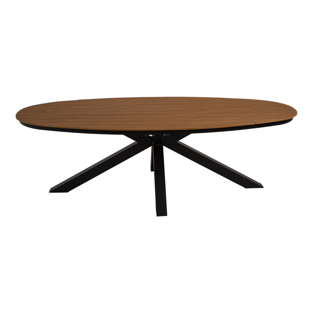 Ovale eettafel met donker houten blad en zwarte kruisende poten