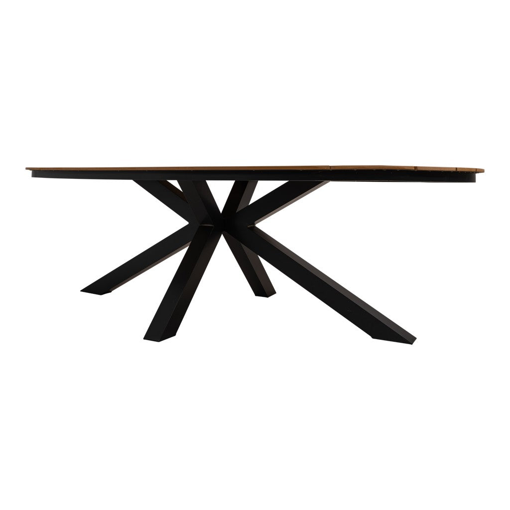 Ovale eettafel zijaanzicht: donker blad met zwart metalen frame en poten