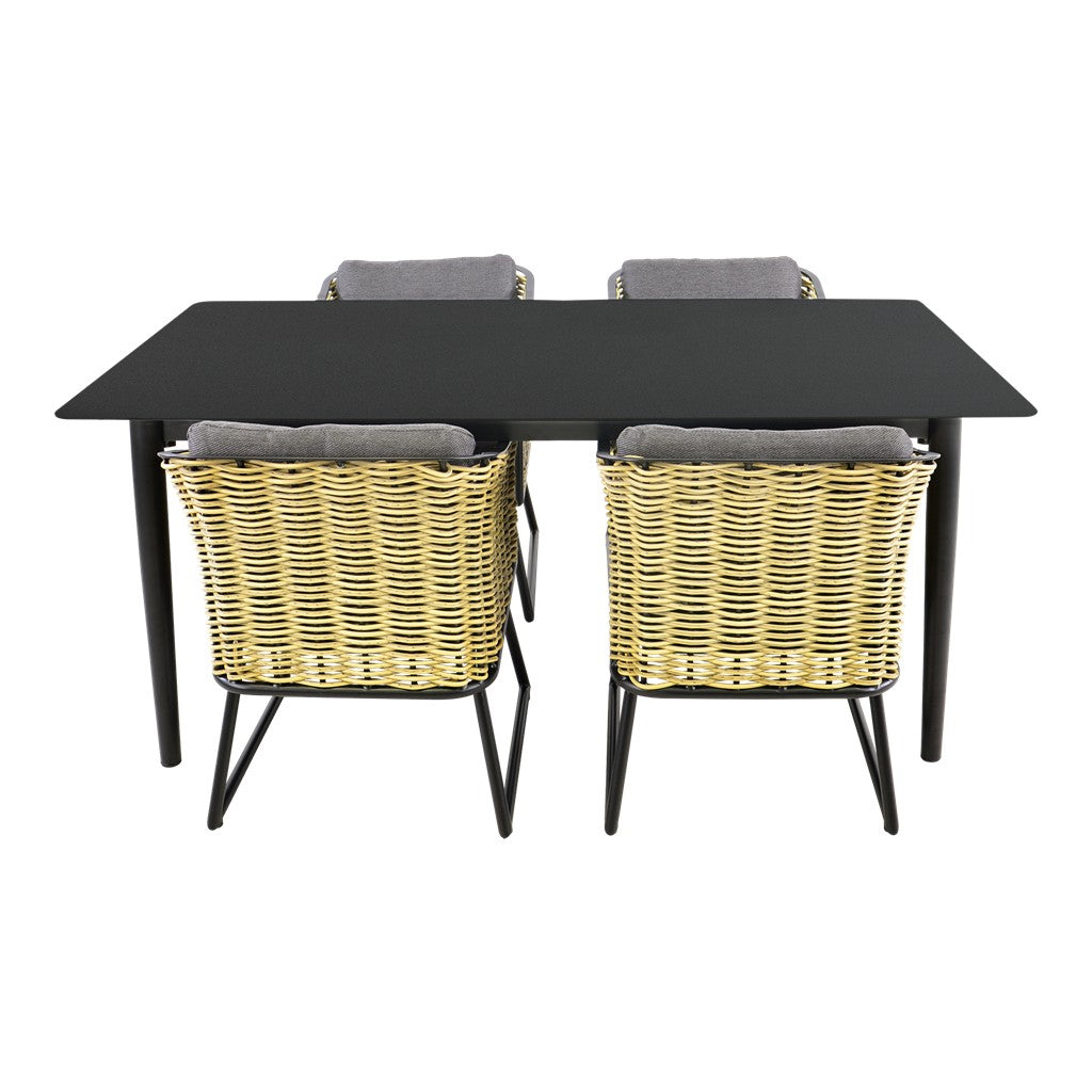 Eethoek met zwart tafelblad en 2 rotan stoelen met grijze kussens