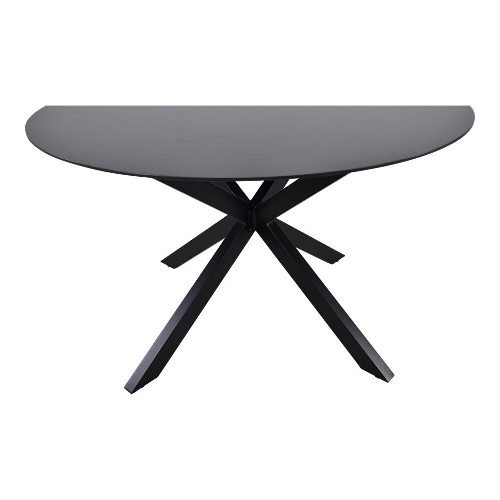 Ronde buitentafel met donkergrijs blad en zwarte kruispoten, frontaanzicht