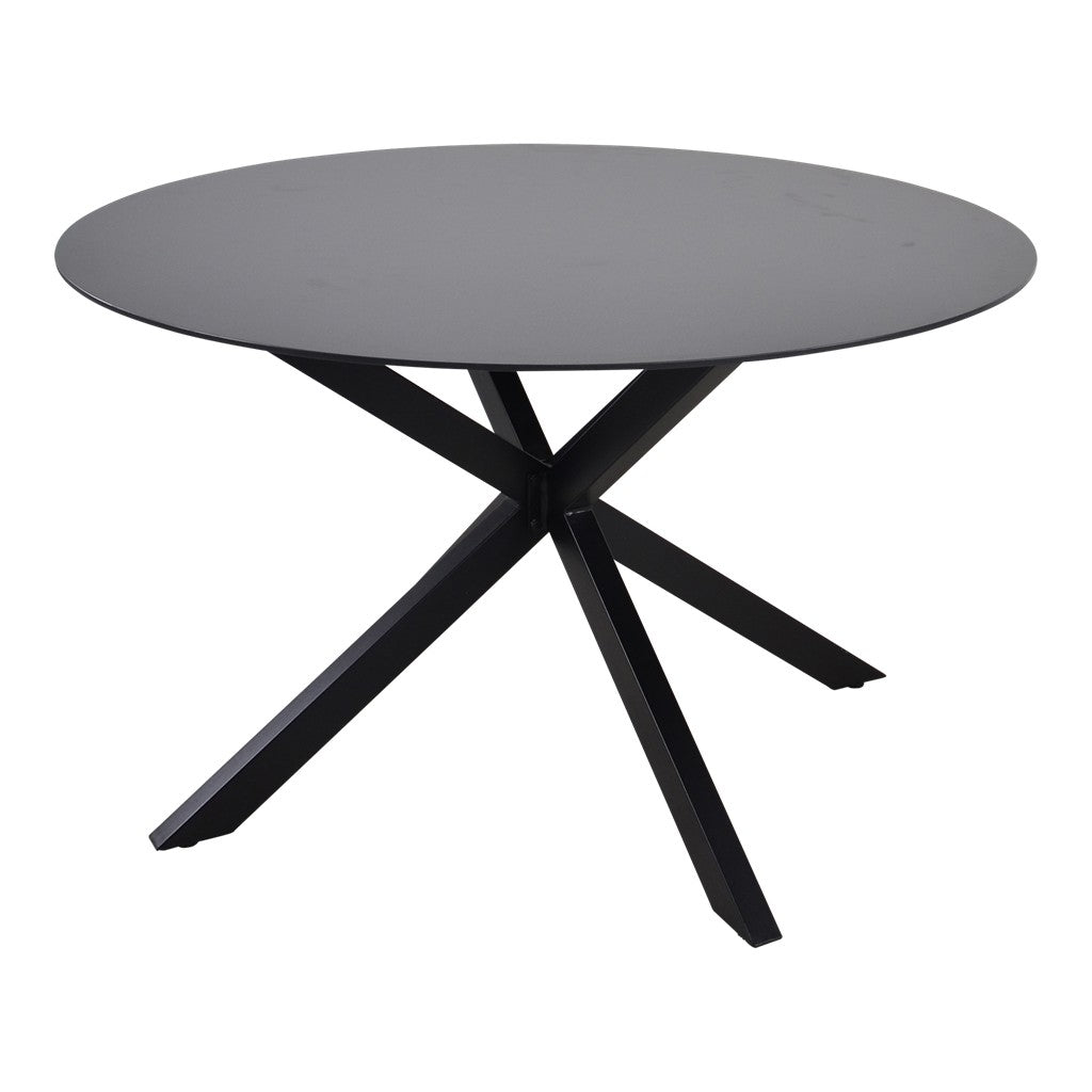 Ronde buitentafel met donkergrijs rond blad en zwarte poten, schuine hoek