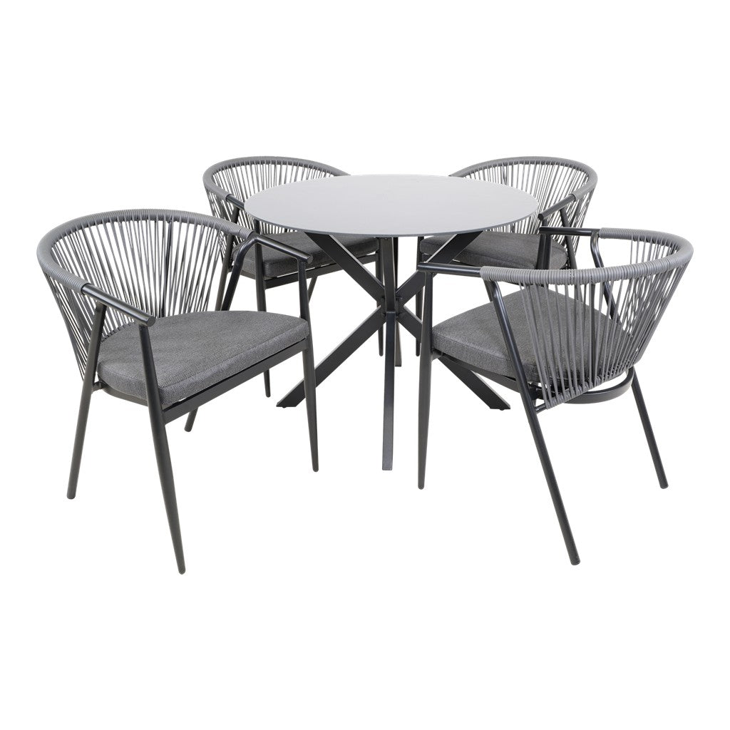 Tuinset met ronde tuintafel, zwart metalen pootkruis en grijze kussens op draadstoelen