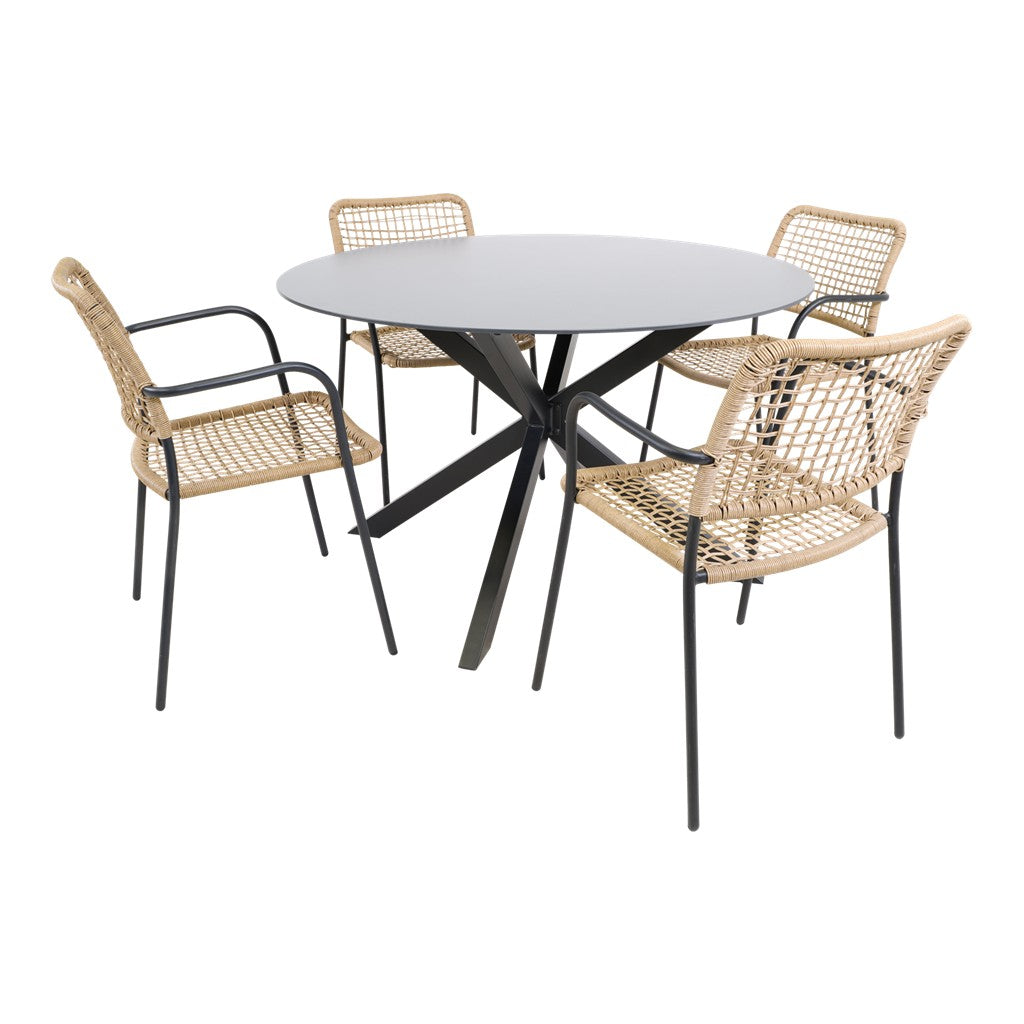 Ronde eettafel Ø120 cm met zwarte poot en 4 beige rieten stoelen