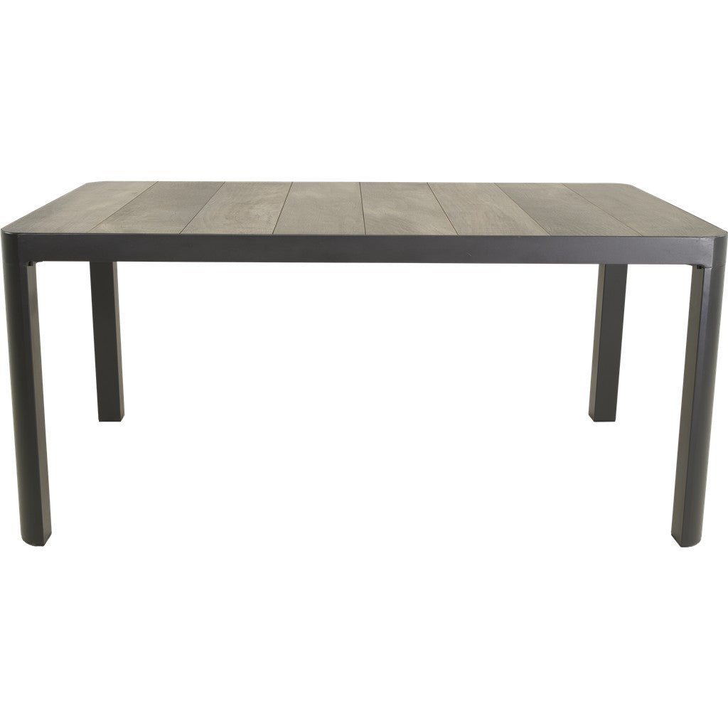 Zwarte eettafel met grijs houtnerf blad en rechte poten