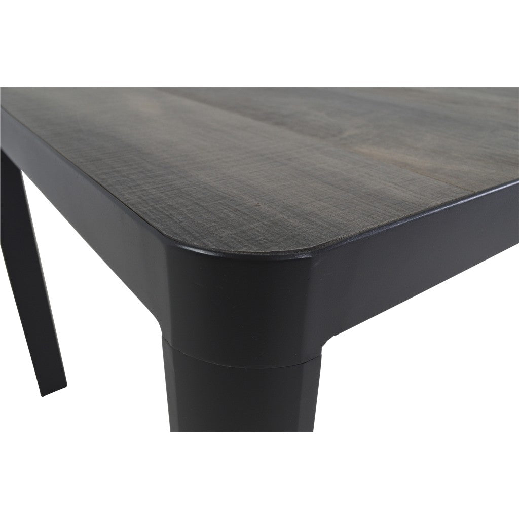 Hoekdetail zwarte eettafel: grijs houtnerf blad met afgeronde rand
