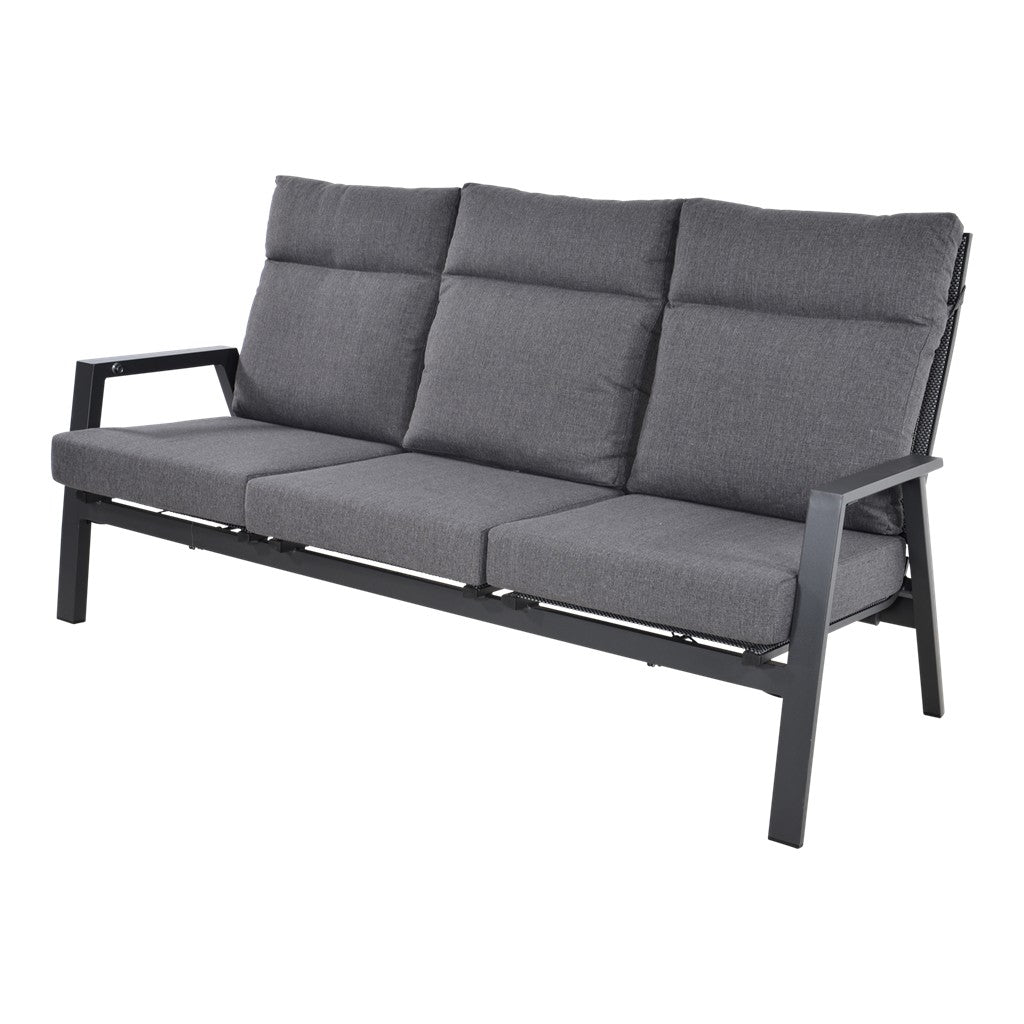 Ohio loungebank 3-zits met grijze gestoffeerde kussens en zwart metalen frame, vaste armleuningen