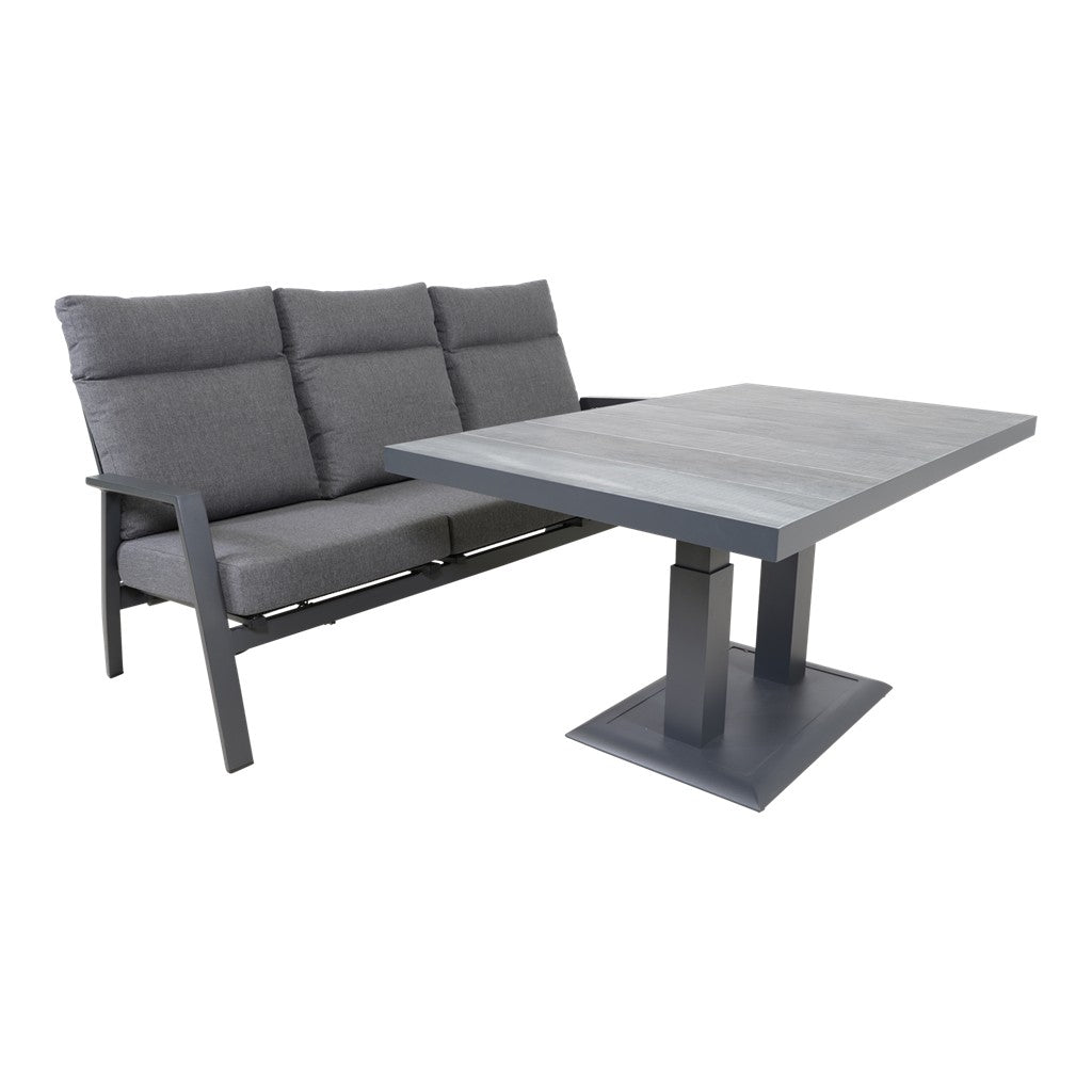 Ohio loungebank 3-zits met grijze bekleding, plus rechthoekige grijze tafel in dezelfde stijl