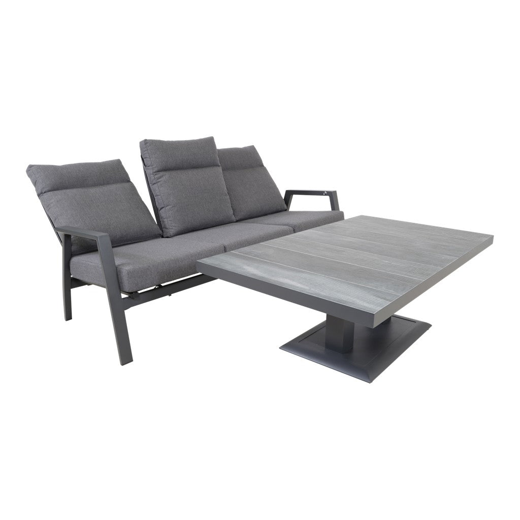 Ohio loungebank 3-zits met grijze kussens, uitgeschoven zithoek met bijpassende grijze tafel