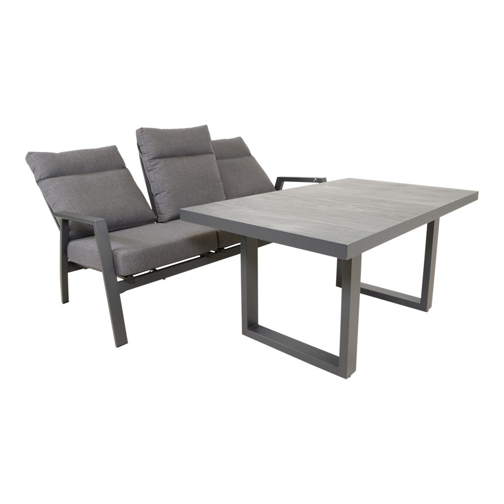 Ohio loungebank 3-zits met grijze kussens en bijpassende grijze tafel, zijaanzicht
