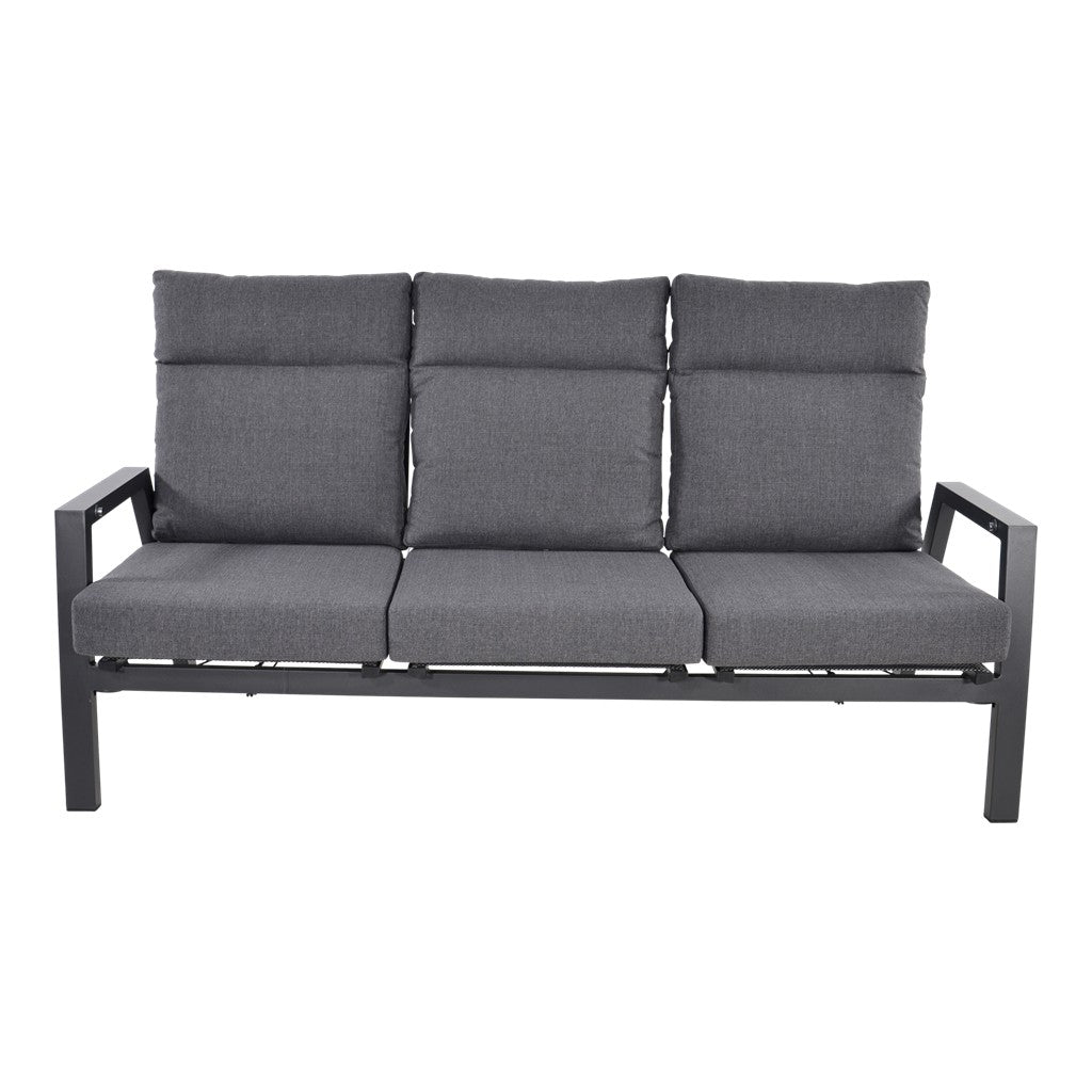Ohio loungebank 3-zits met drie grijze rugkussens en drie zitblokken op zwart metalen frame