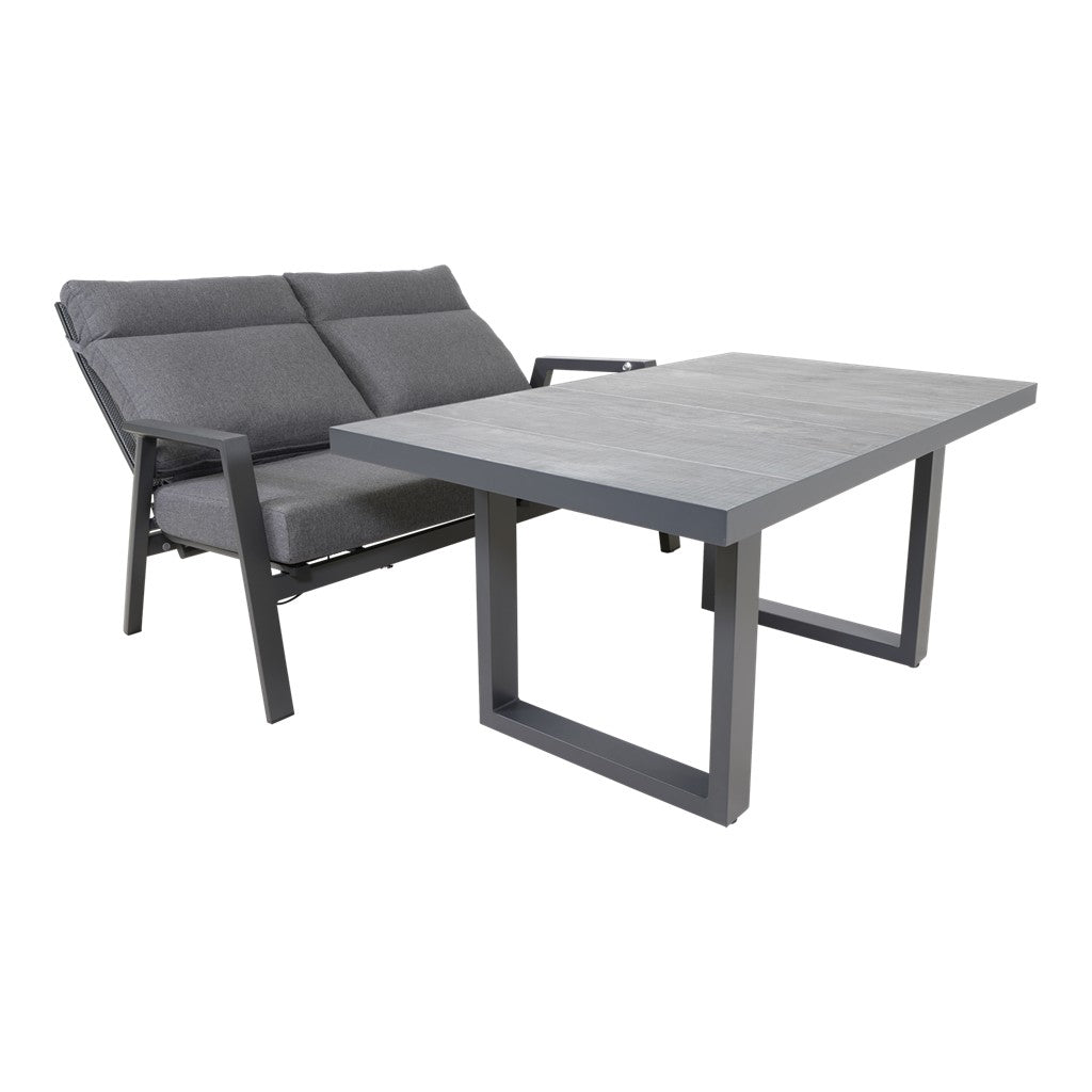 2-zits loungebank met bijzettafel: donkergrijze bekleding en grijs tafelblad