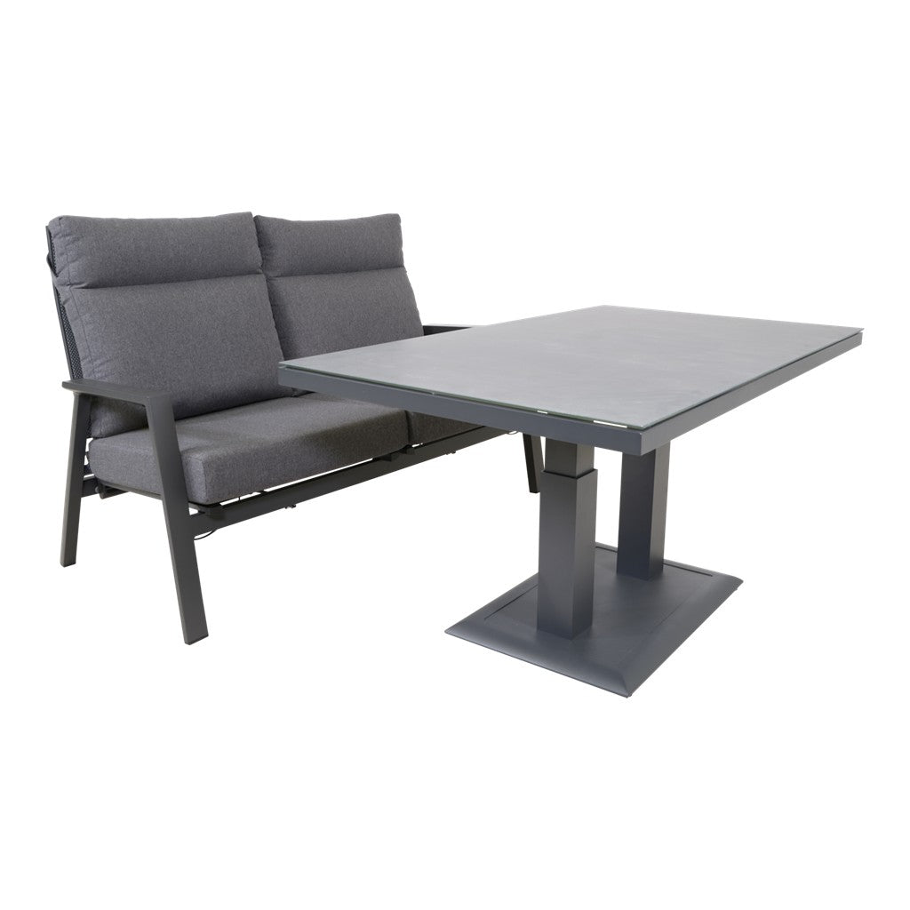 2-zits loungebank met bijzettafel: donkergrijze bekleding en grijs tafelblad