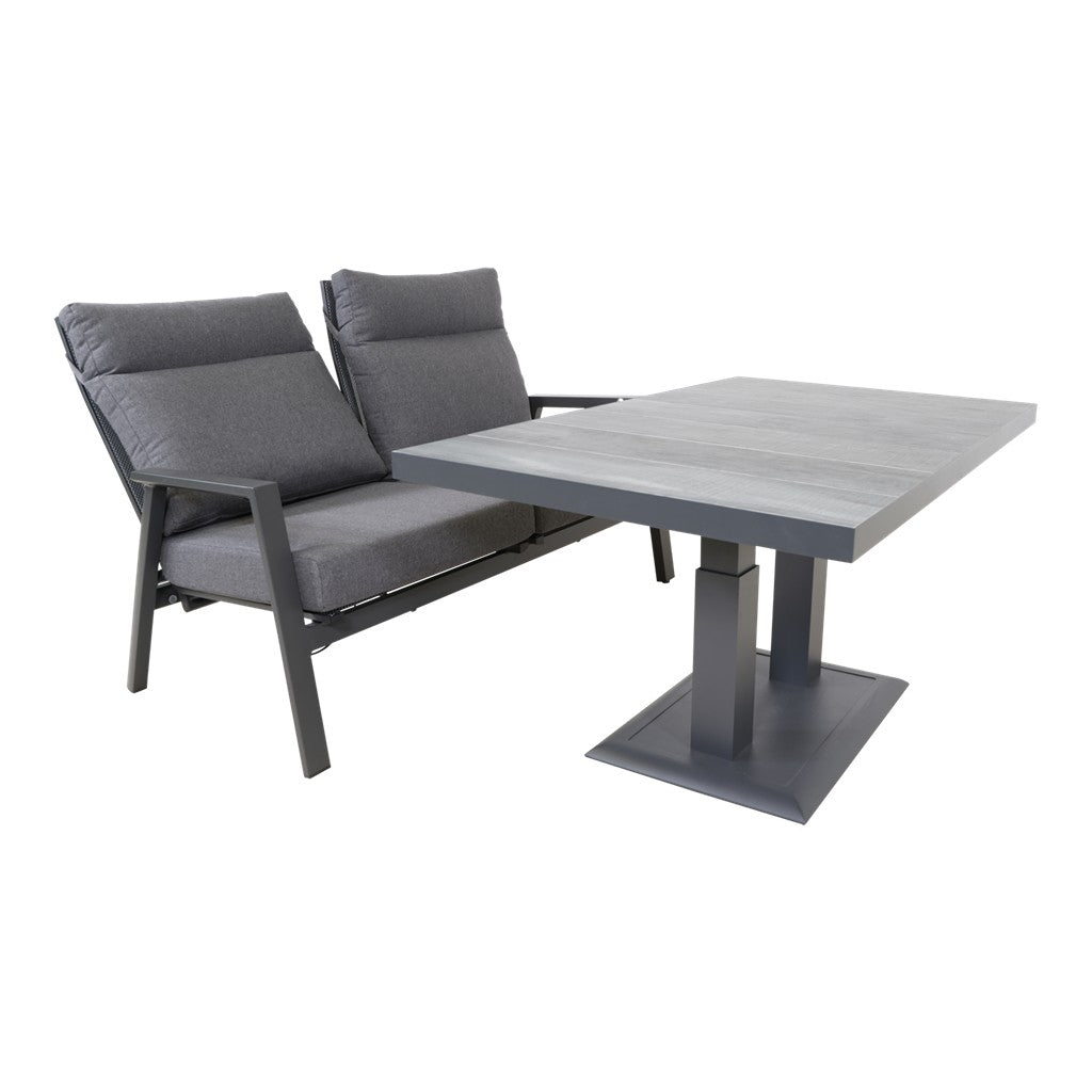 2-zits loungebank met tafel: donkergrijze kussens en zwart frame, grijs blad